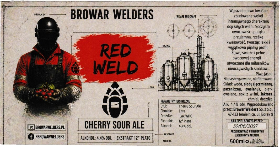 (6) ETYKIETA RED WELD CHERRY SOUR ALE - Browar Welders - sklep internetowy