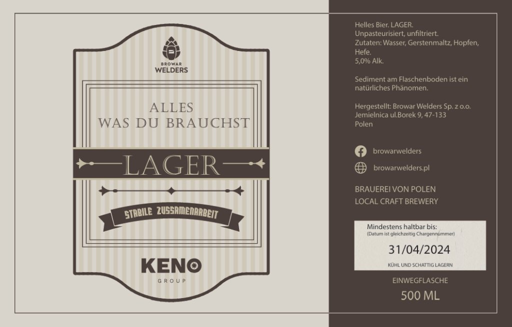 Etykieta KENO LAGER BRĄZOWA (wersja niemiecka) - Browar Welders - sklep ineternetowy