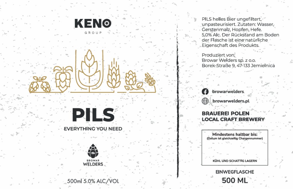Etykieta KENO PILS BIAŁA (wersja niemiecka) - data 30/01/2025 - Browar Welders - sklep ineternetowy