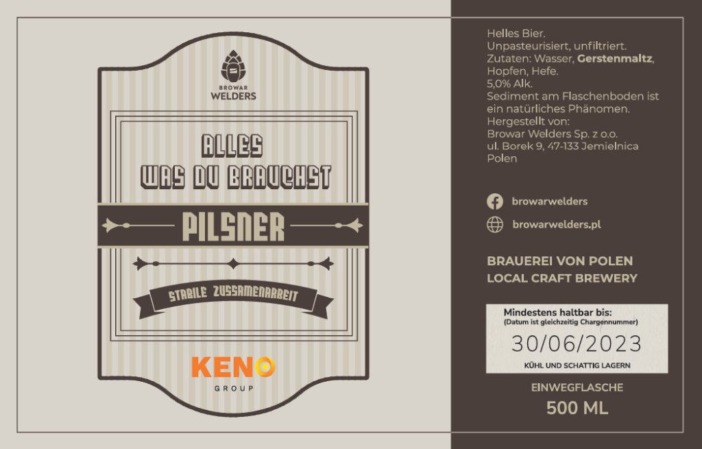 Etykieta KENO PILSNER BRĄZOWA (wersja niemiecka) - data 30/06/2023 - Browar Welders - sklep ineternetowy