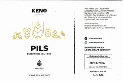 (52) ETYKIETA KENO PILS BIAŁA (wersja niemiecka) - Browar Welders - sklep internetowy