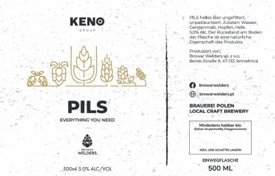Etykieta KENO PILS BIAŁA (wersja niemiecka) - data 30/01/2026 - Browar Welders - sklep ineternetowy