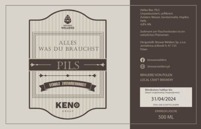 Etykieta KENO PILS BRĄZOWA (wersja niemiecka) - data 31/04/2024 - Browar Welders - sklep ineternetowy