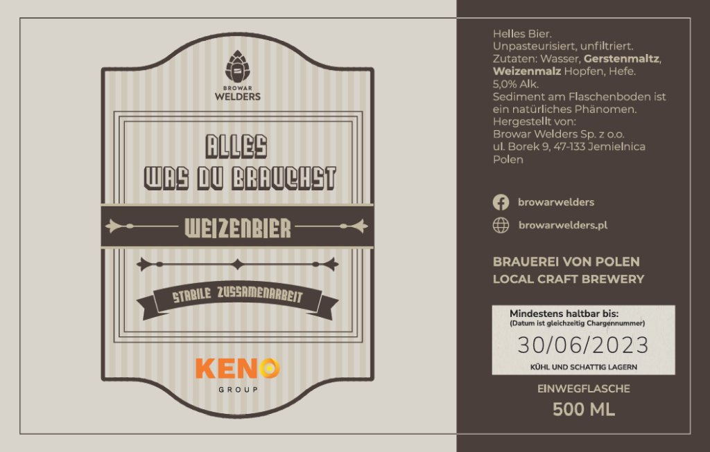 Etykieta KENO WEIZENBIER BRĄZOWA (wersja niemiecka) - Browar Welders - sklep ineternetowy